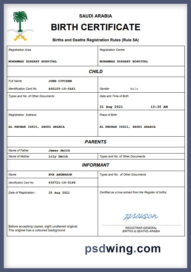 Saudi Arabia Birth Certificate (Word & PDF)